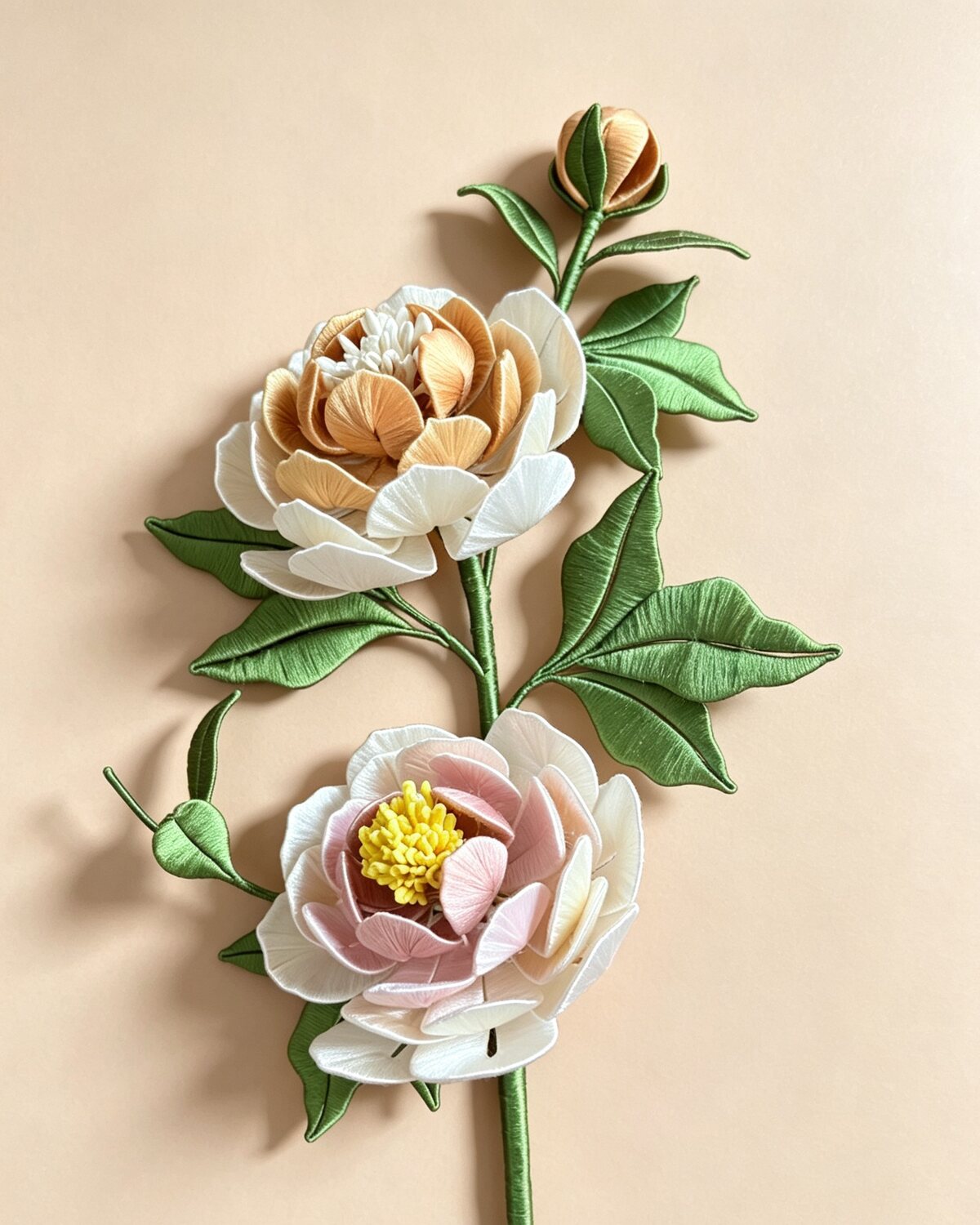 Handmade silk-wrapped peony stem in soft pink and cream